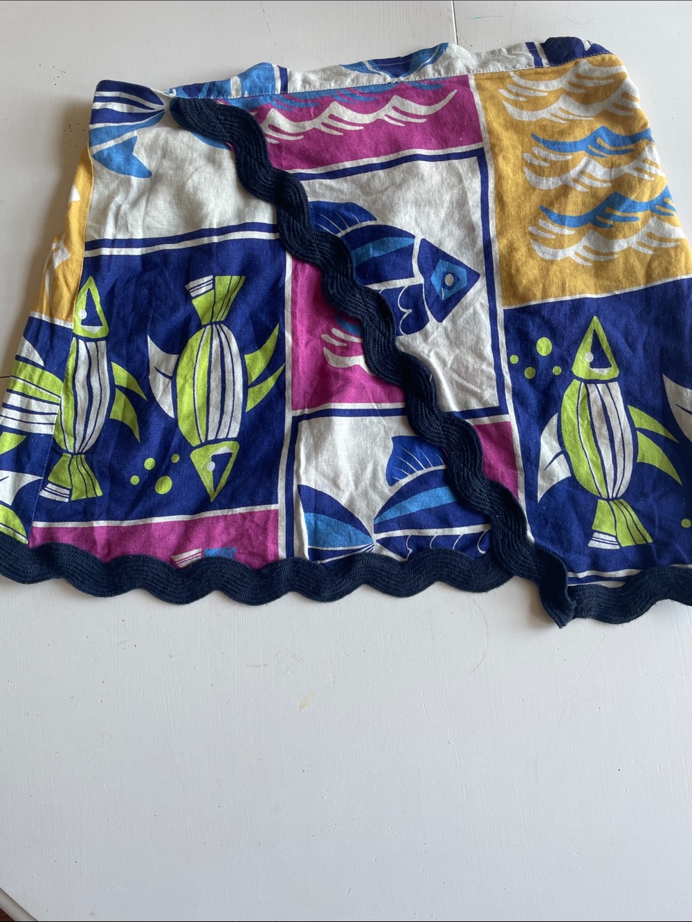 Anthropologie Colorblock Fish Print Skirt with Scalloped Trim